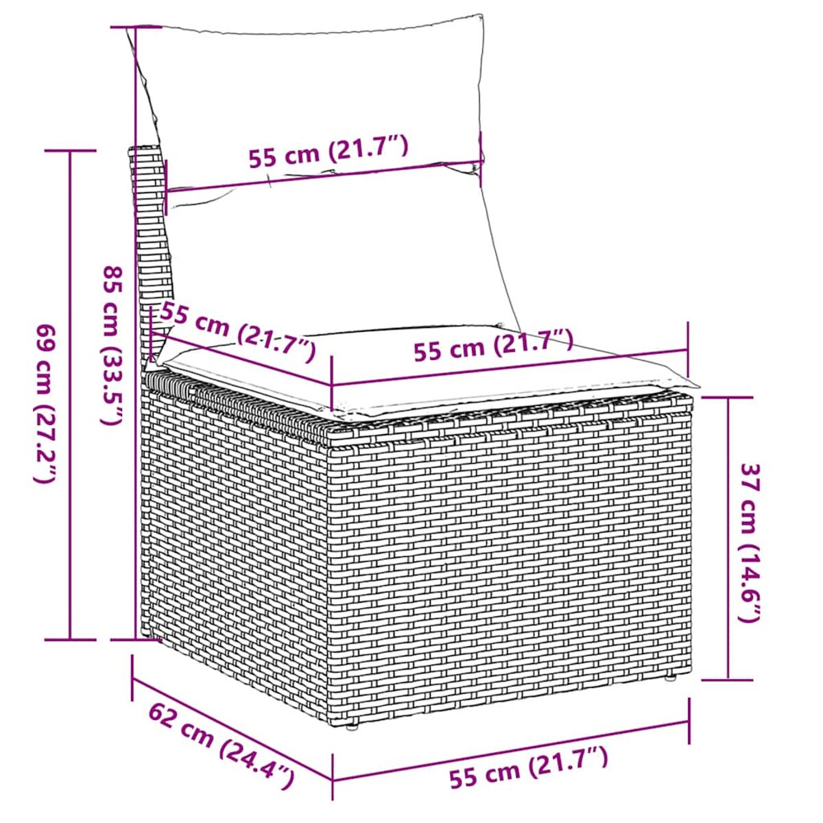 Sedia in vimini con dimensioni etichettate. Include un cuscino e uno schienale alto per il comfort.