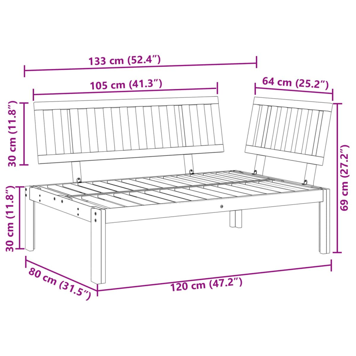 Diagramm eines Holz-Außensofas mit zwei Rückenlehnen, das Abmessungen in Zentimetern und Zoll zeigt.