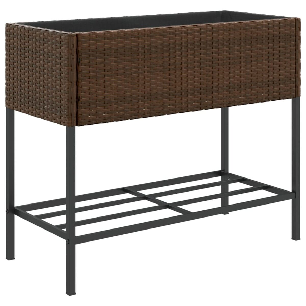 Dunkelbrauner Rattan-Pflanzkasten auf Metallbeinen mit Metallregal, weißer Hintergrund.