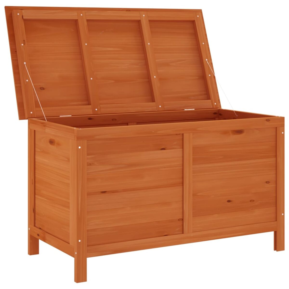 Holz-Truhe mit offenem Deckel. Hellbraune Farbe und sichtbare Holzmaserung.