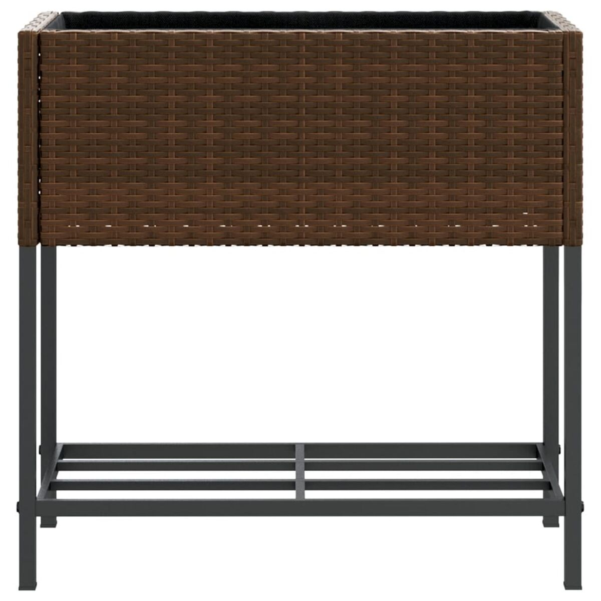 Una fioriera in rattan marrone con struttura in metallo. Le dimensioni sono visibili.