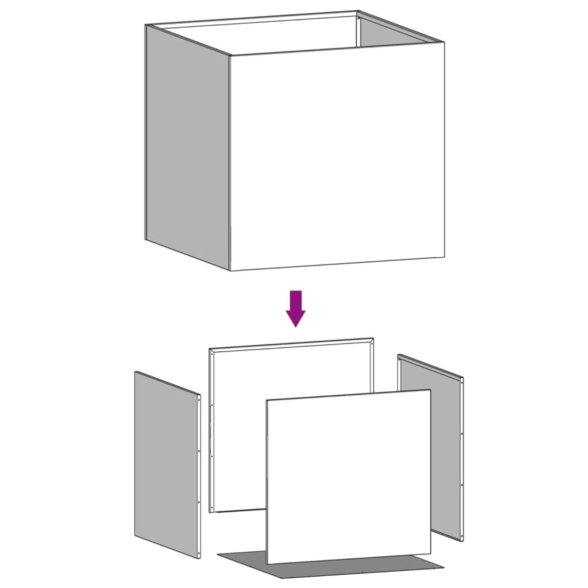 Eine Explosionsansicht einer Box, die ihre Komponenten vor der Montage zeigt.