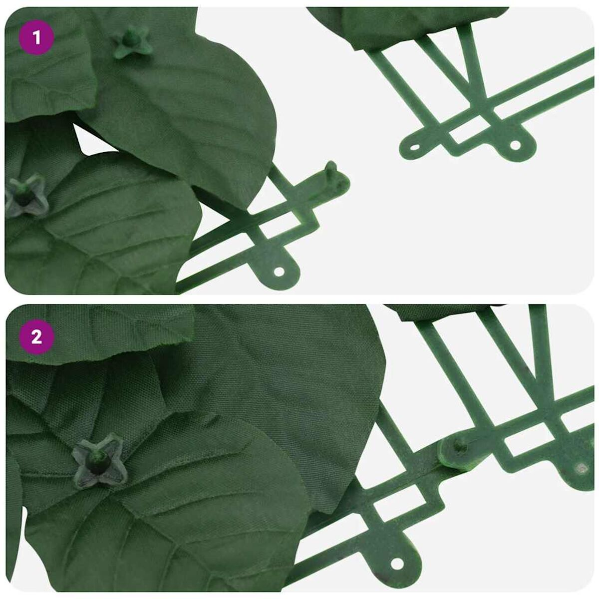 Nahaufnahme von zwei künstlichen grünen Blatt- und Stielabschnitten, die Verbindungsdetails zeigen.