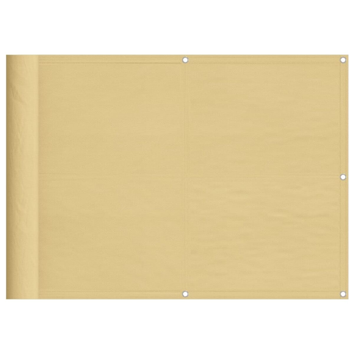 Ein beigefarbener Leinwand-Sichtschutz mit Metallringen.