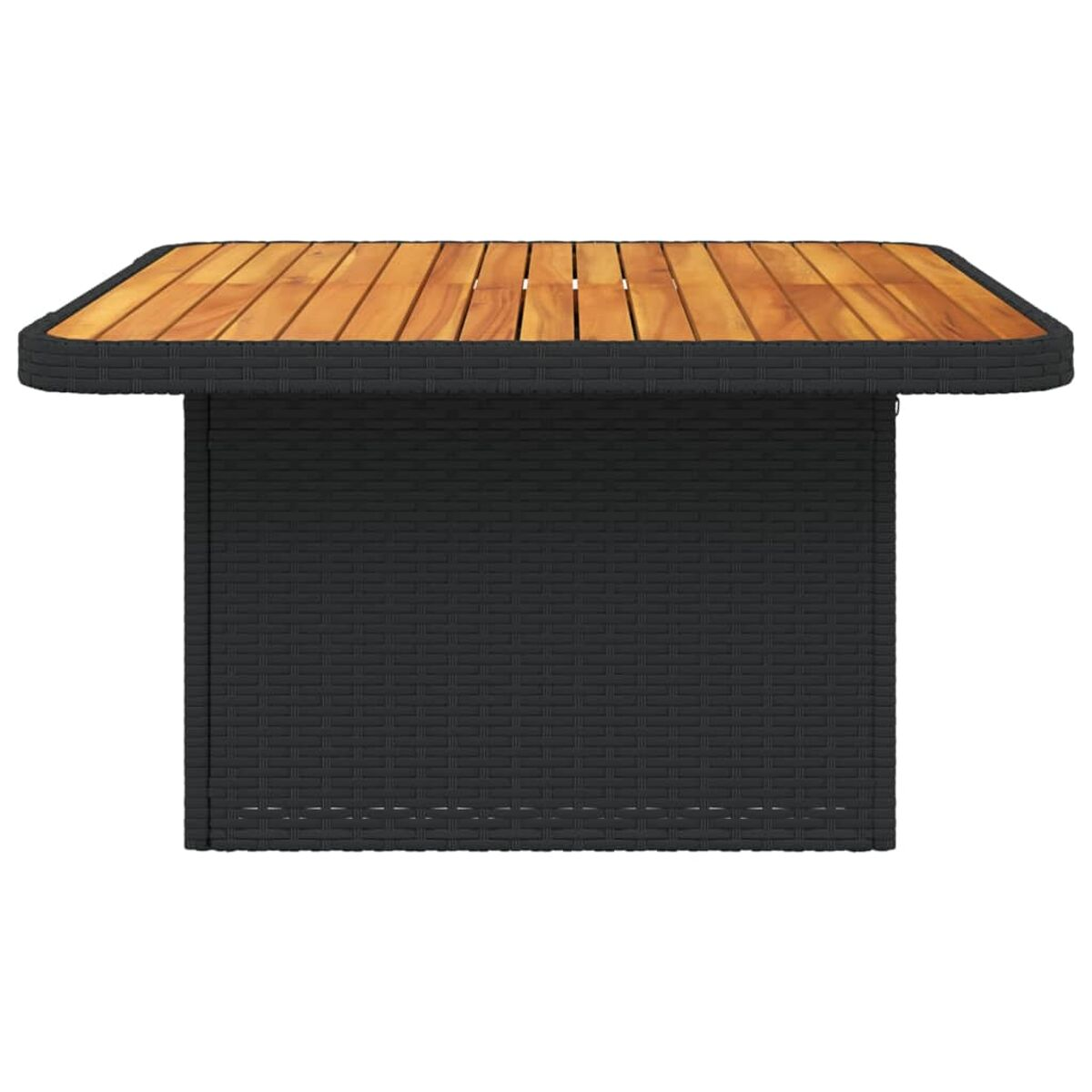 Quadratischer Gartentisch mit schwarzem Korbfuß und Holzlattenplatte. Es hat eine dunkle Kante.