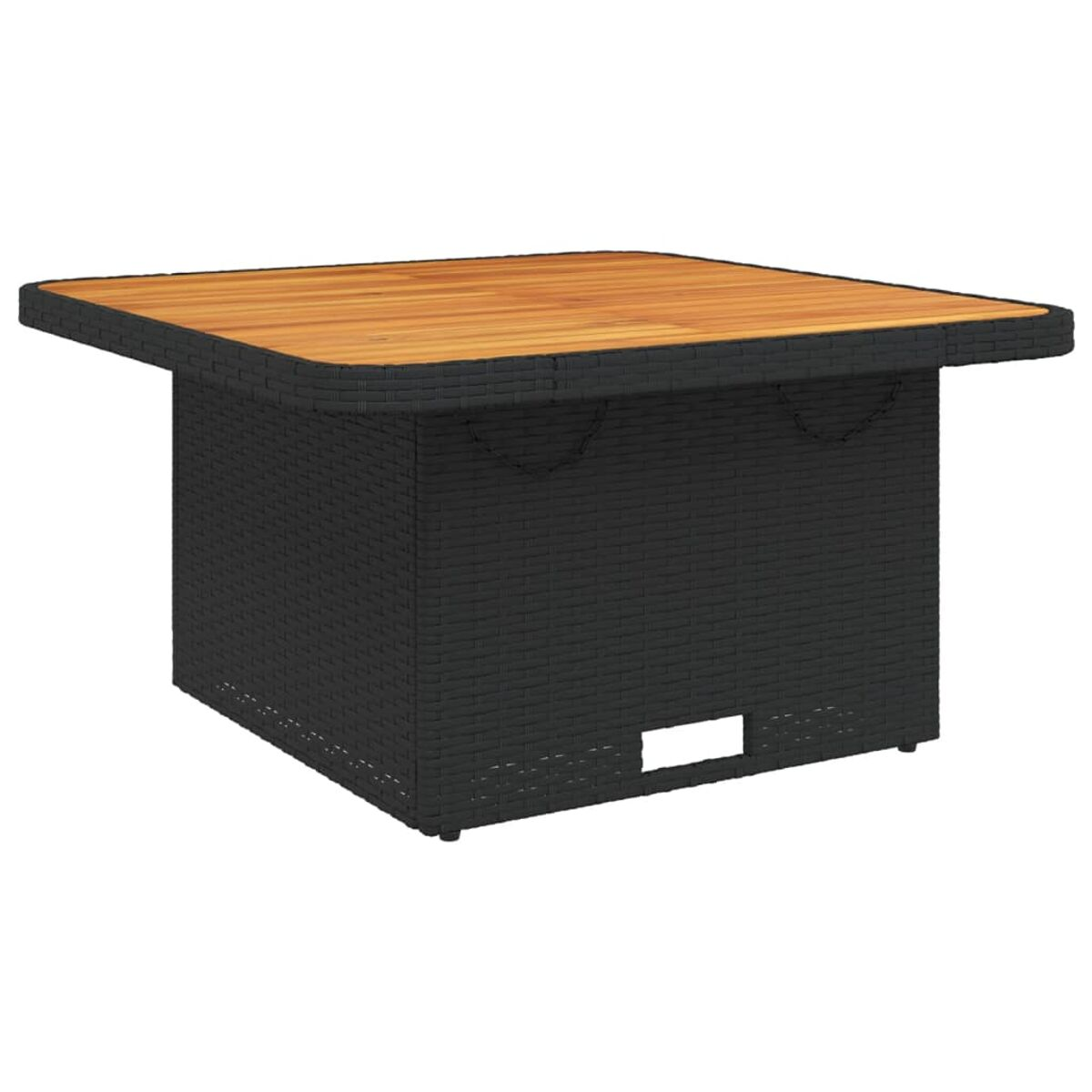 Schwarzer Korbtisch mit Holzplatte, quadratische Form, auf weißem Hintergrund.