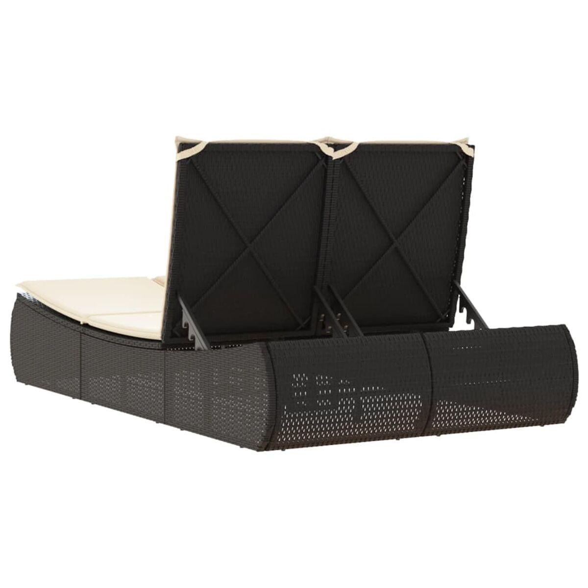 Chaise longue doppia da esterno, telaio nero intrecciato, cuscini bianchi, schienali leggermente rialzati, vista posteriore.