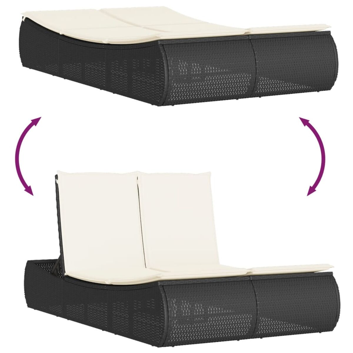 Due chaise longue. Una in piedi, l'altra reclinata. Struttura nera, cuscini bianchi, sfondo bianco.