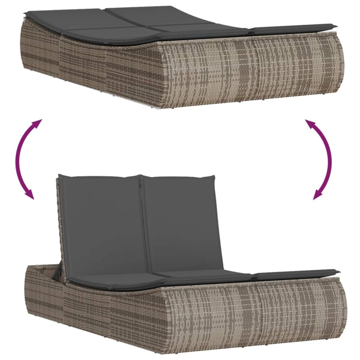 Zwei Liegestühle aus Rattan mit grauen Kissen. Pfeile zeigen die Drehrichtung der Liegen.