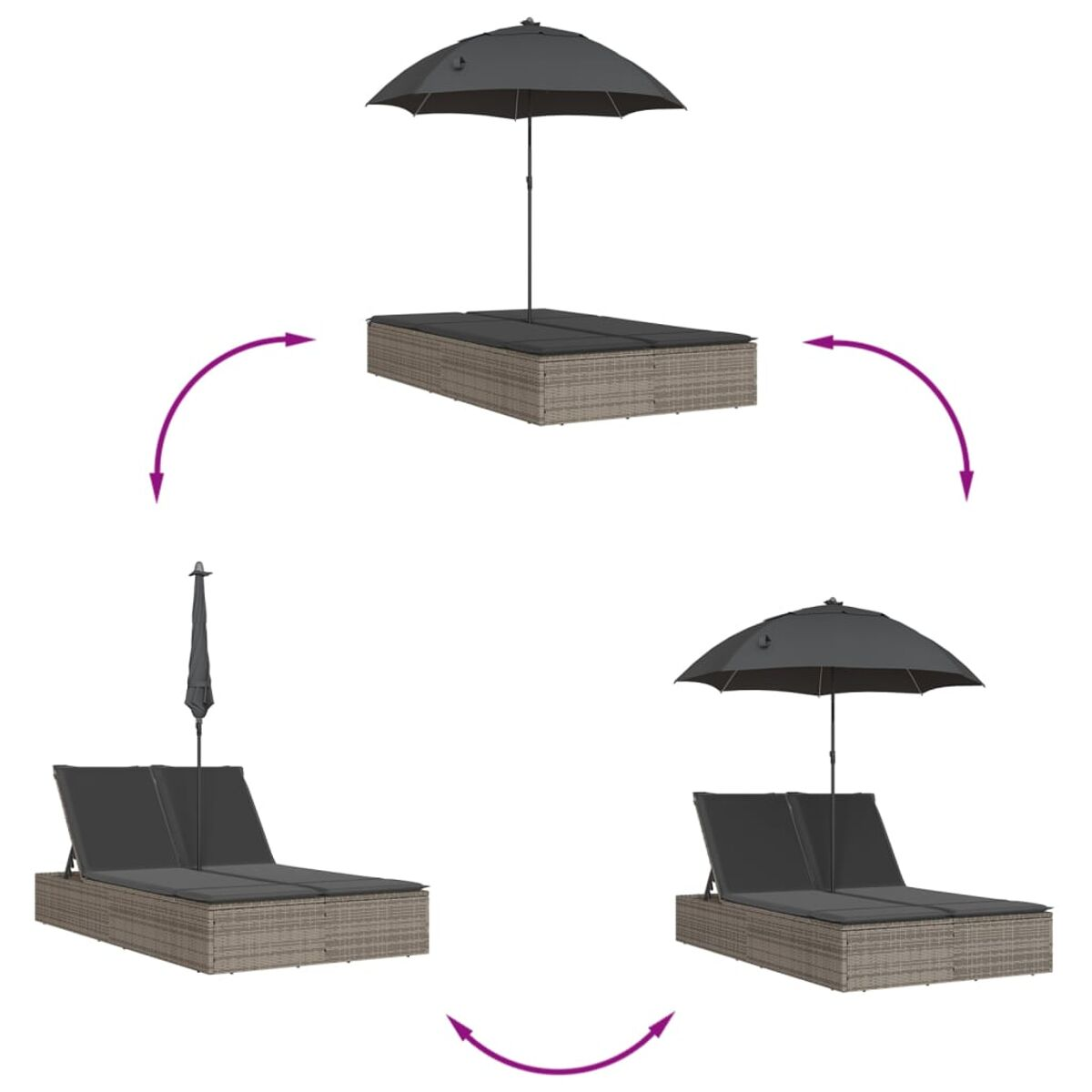 Diagramma che mostra tre possibili configurazioni di un lettino prendisole in vimini con ombrellone.
