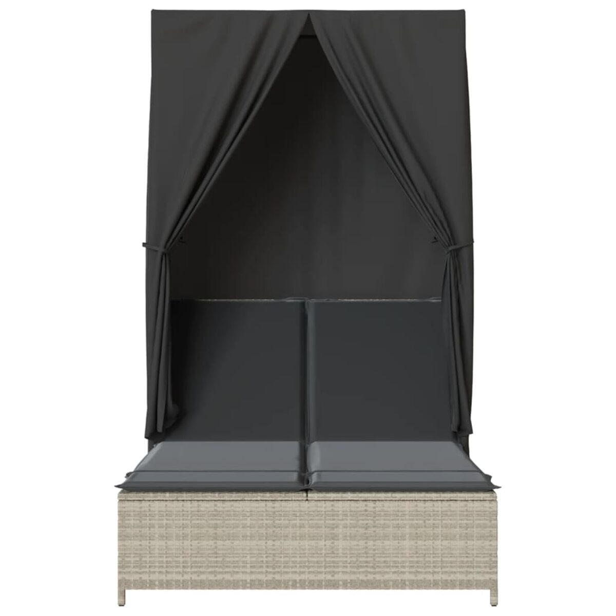 Chaise longue da esterno beige e rattan con baldacchino e cuscini neri.