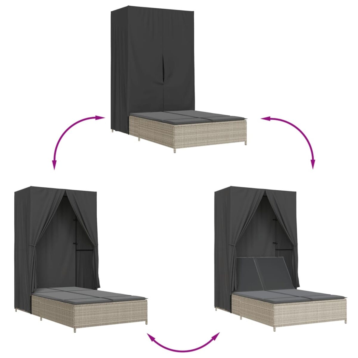 Set di tre immagini che mostrano un lettino prendisole convertibile all'aperto con tenda intorno.