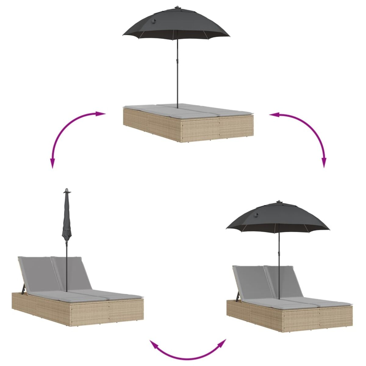 Diagramma che mostra tre possibili configurazioni di un lettino con ombrellone in giardino.
