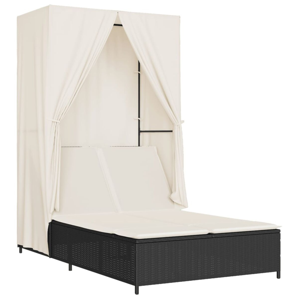 Un letto a baldacchino bianco con base nera e vimini.