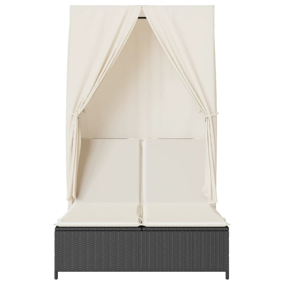 Lettino prendisole da esterno con tende bianche e base in rattan grigio scuro. Vista frontale. Due persone possono entrarci.