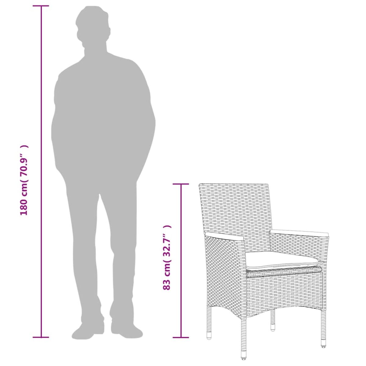 Männer-Silhouette neben Korbstuhl, Größenvergleich, weißer Hintergrund.