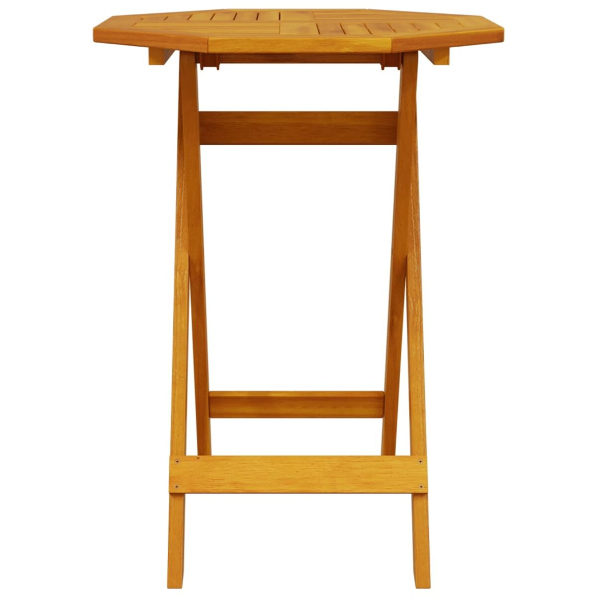 Holz-Achtecktisch, Vorderansicht, mit abgewinkelten Beinen.