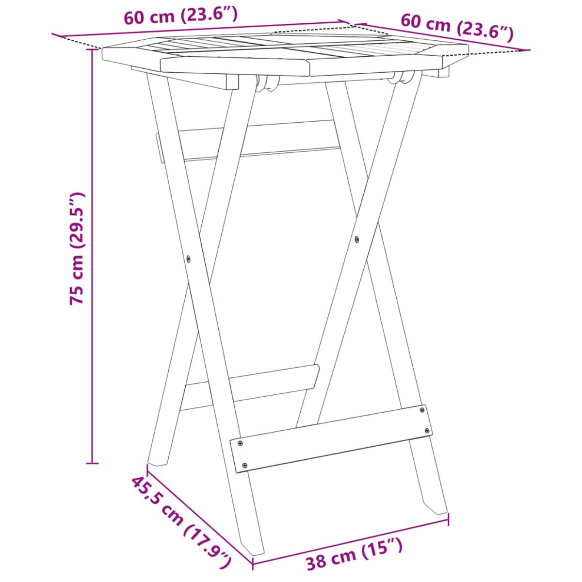 Ein Klapptisch mit Abmessungen in cm und Zoll. Der Tisch ist aus hellem Holz gefertigt.