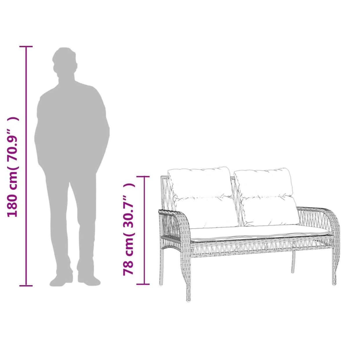 Eine Person steht neben einer Outdoor-Liebesbank aus Korbgeflecht. Maße sind beschriftet.