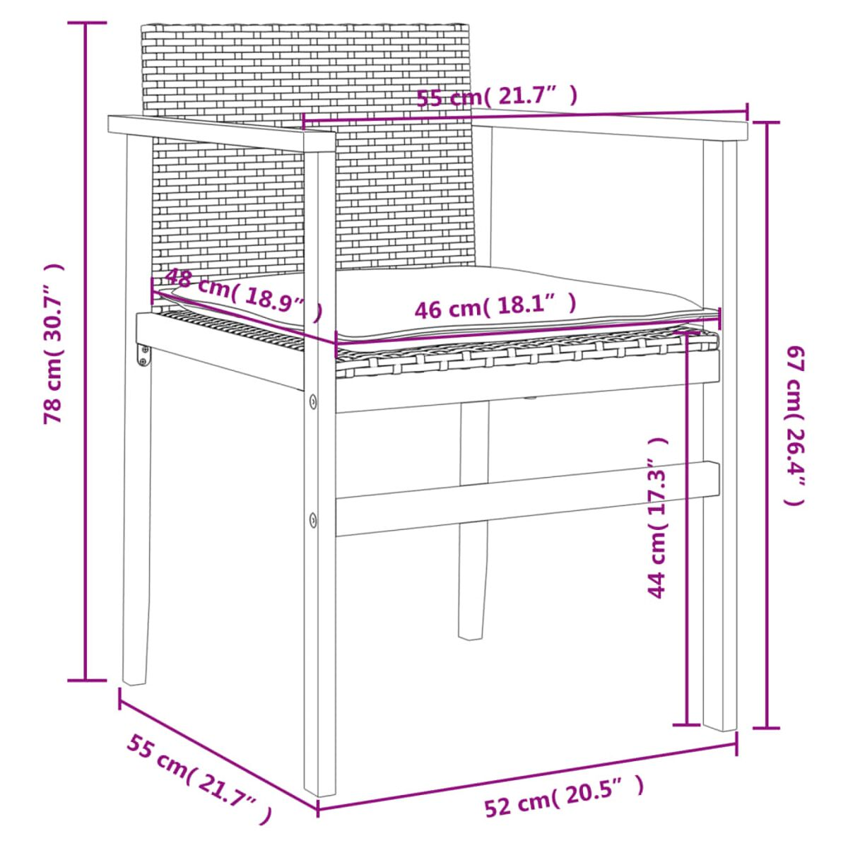 Diagramm eines Korbstuhls mit Abmessungen in cm. Beige Farbe.