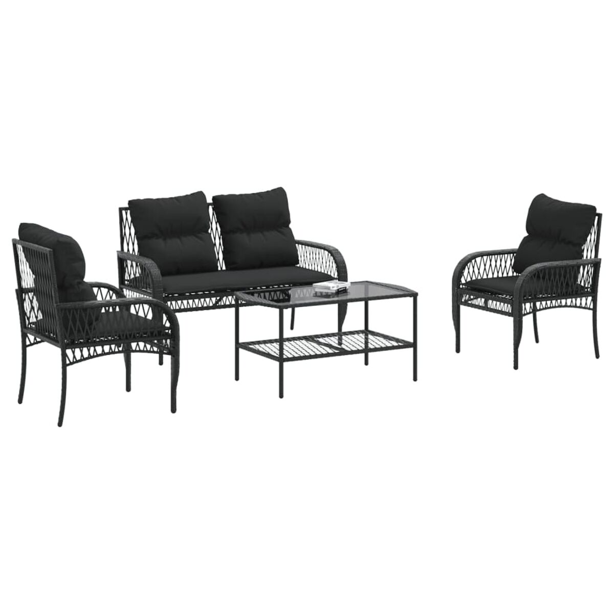Gartenmöbel-Set mit Sofa, zwei Stühlen und einem Tisch. Alle Artikel sind aus schwarzem Korb.