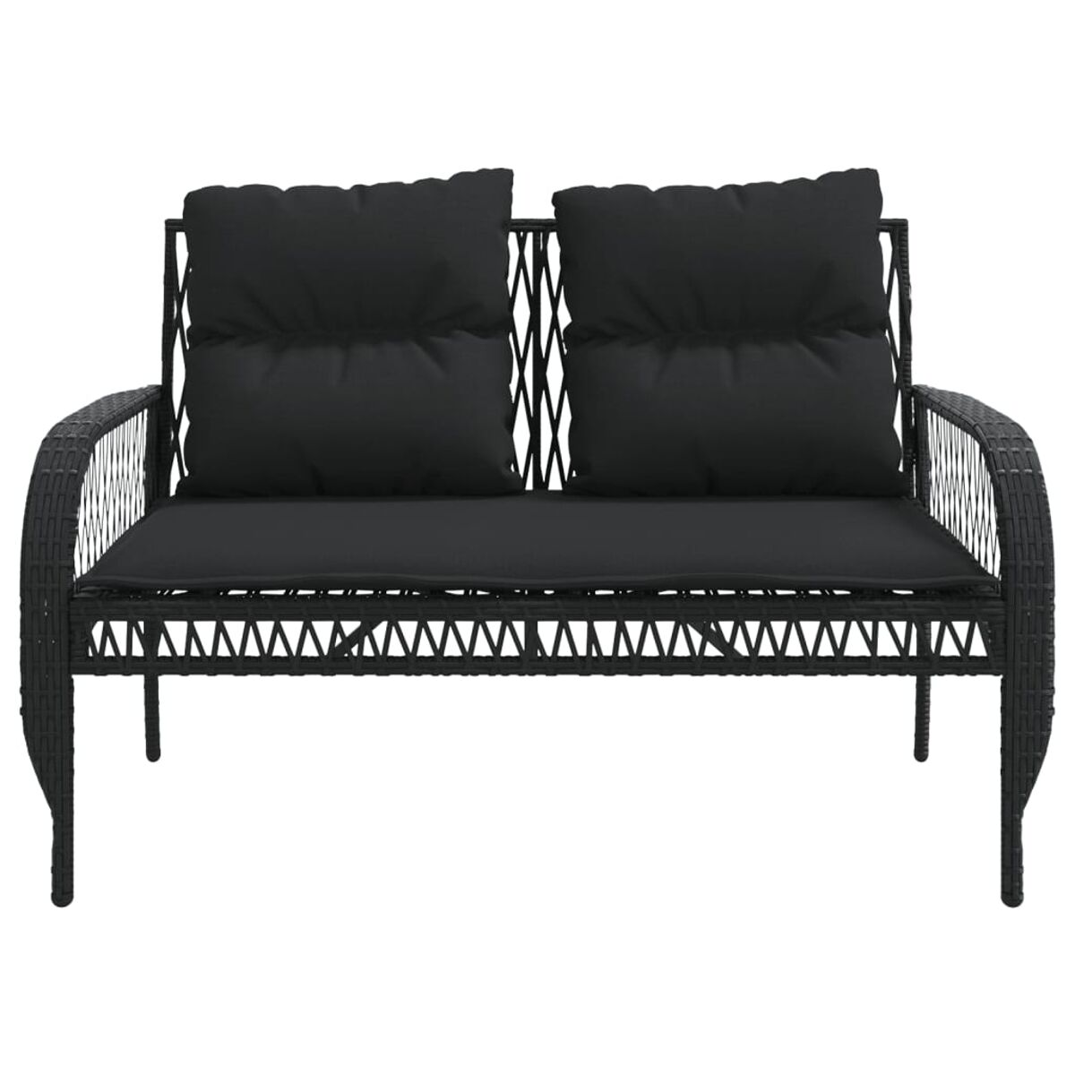 Schwarzes Korbmöbel-Sofa mit schwarzen Kissen.