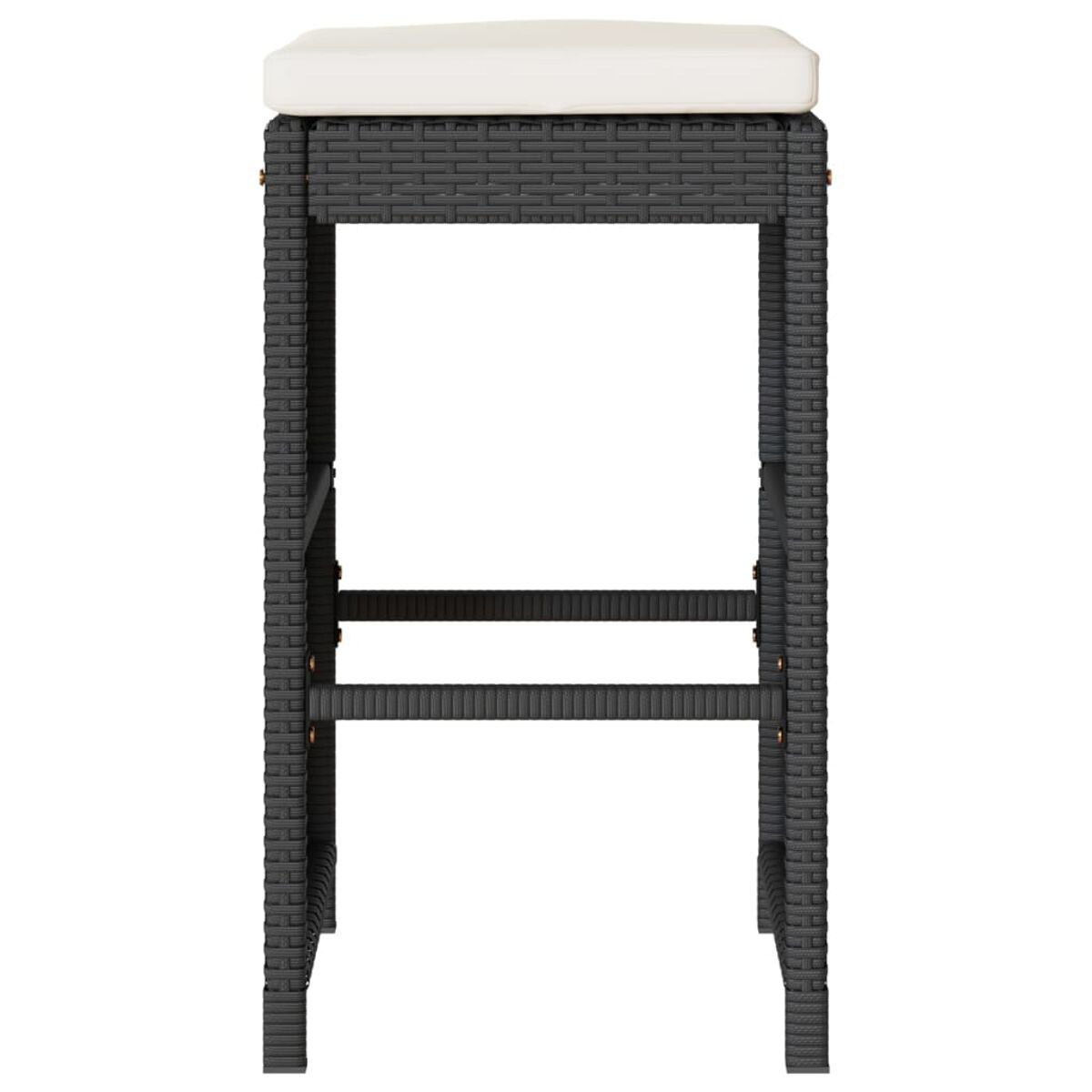 Uno sgabello da bar in vimini nero con un cuscino bianco. Design a quattro gambe.
