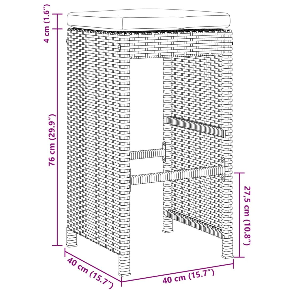 Sgabello da bar in vimini con cuscino bianco, dimensioni fornite. Sfondo bianco. Tessuto intrecciato.