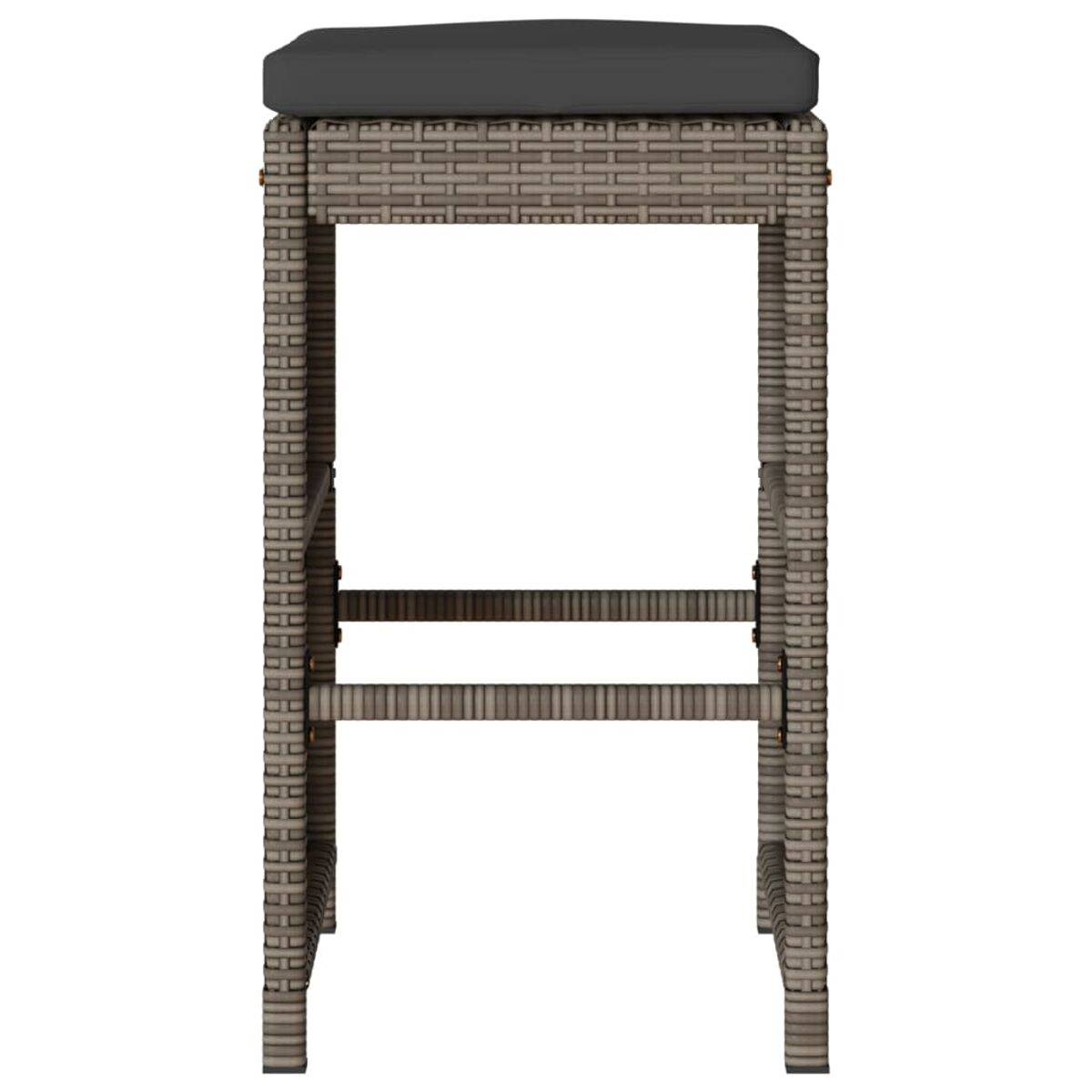 Sgabello da bar in vimini grigio con cuscino nero, visto frontalmente, design semplice.