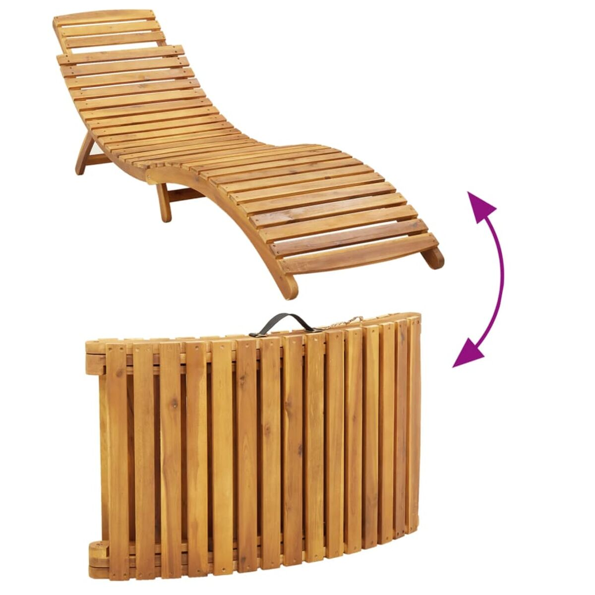 Klappbare Holzliege. Braunes Holz. Pfeile zeigen Faltaktion. Weißer Hintergrund. Aufgeklappt und zusammengeklappt.