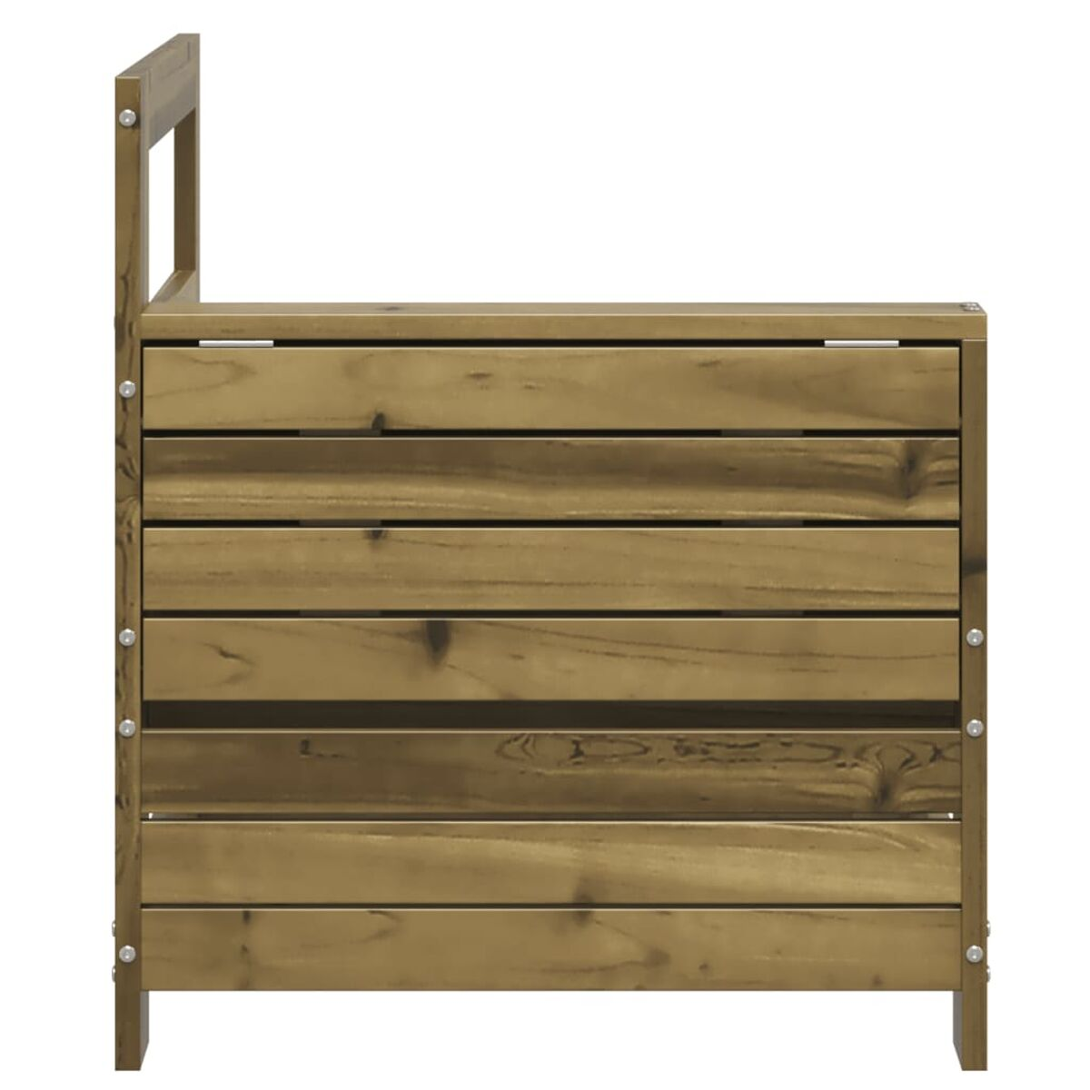 Holzpflanzkasten mit horizontalen Lamellen, Seitenansicht, mit einer Pflanze darin.