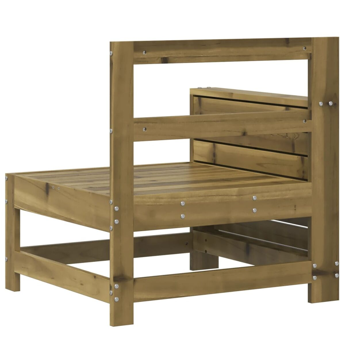 Ein Holzstuhl von der Seite mit mehreren horizontalen Lamellen und schlichtem Design.