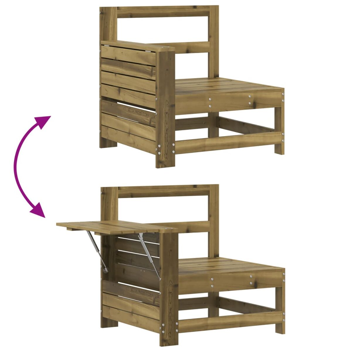 Holz-Außenstuhl mit Klapptisch. Tisch klappt von der Seite des Stuhls aus.