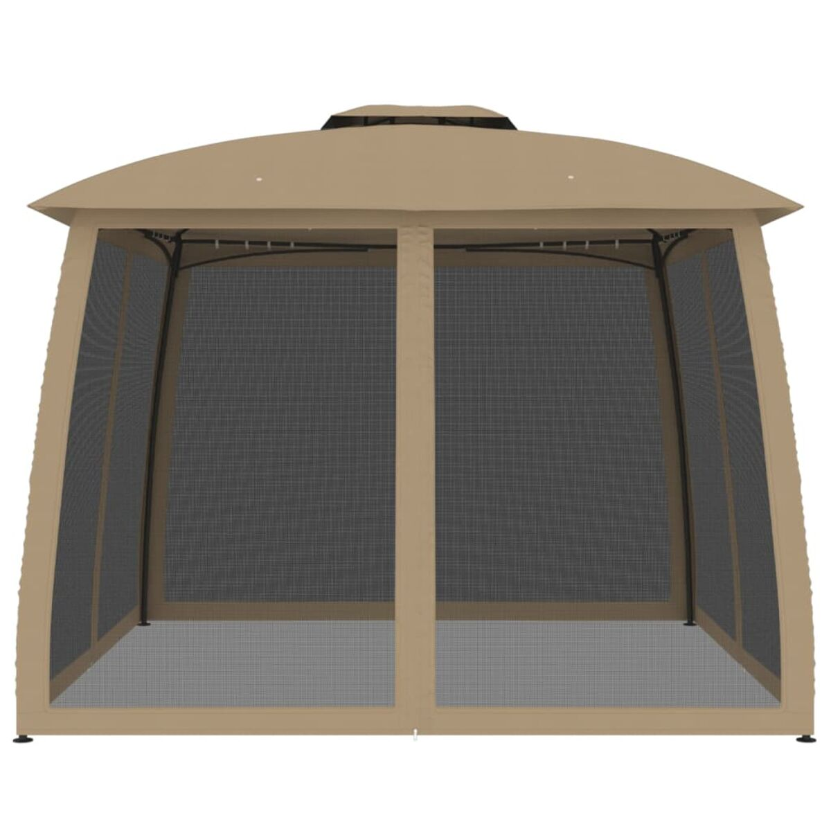 Gazebo beige con pareti a rete e tetto marrone. La struttura ha un design semplice.