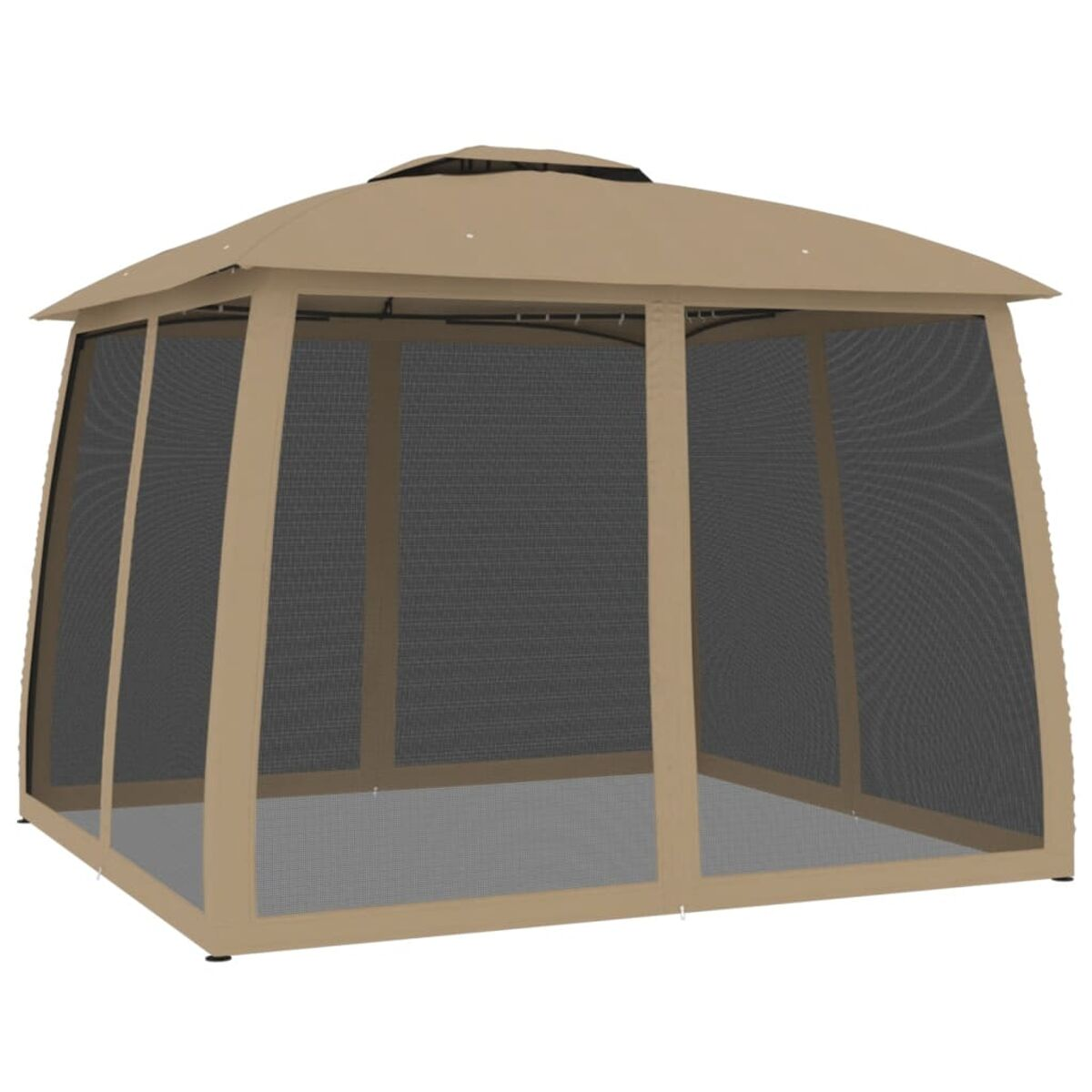 Gazebo beige con lati in rete. Su sfondo bianco. Il tetto ha una piccola parte superiore.