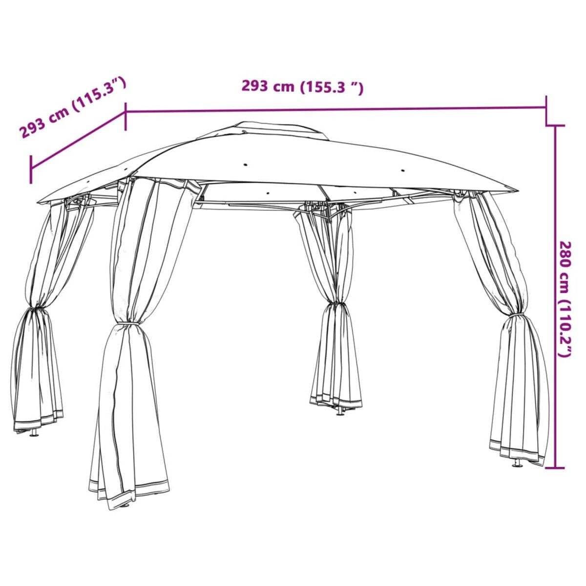 Gazebo con dimensioni. Tende bianche e struttura in metallo.
