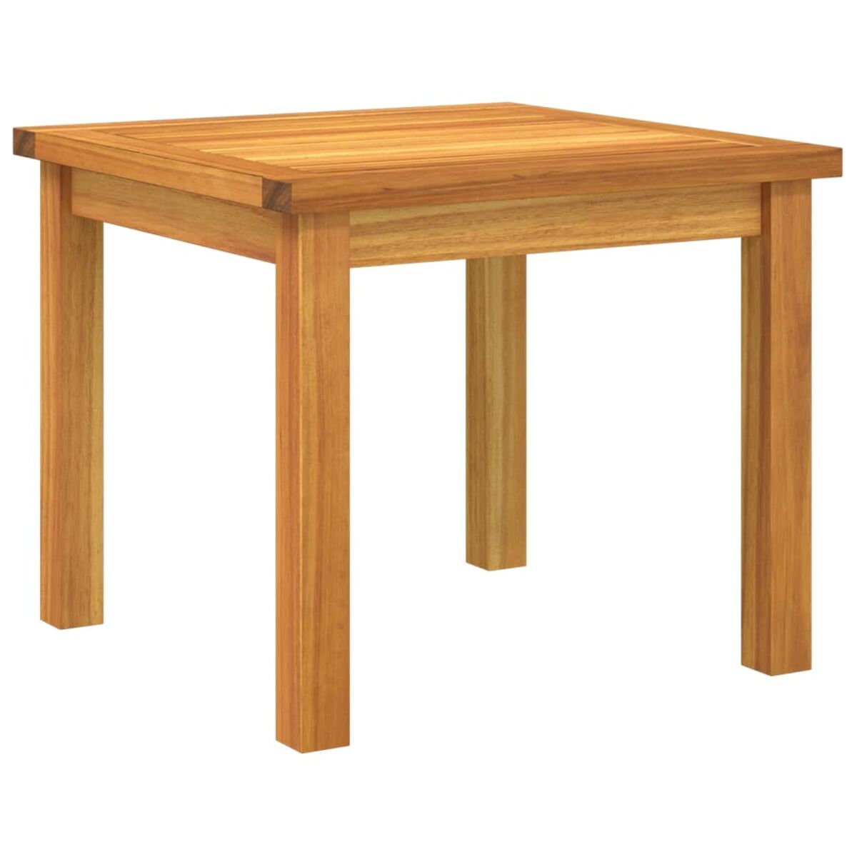 Ein quadratischer Holztisch mit vier Beinen. Der Tisch ist aus hellem Holz gefertigt und auf weißem Hintergrund isoliert.