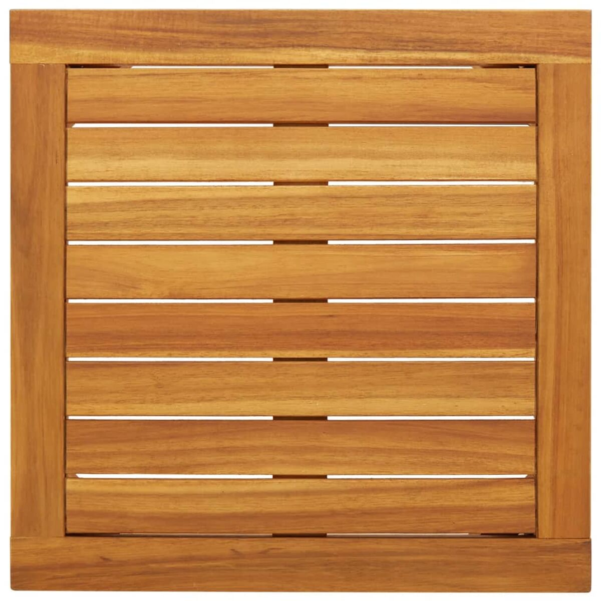 Quadratische Tischplatte aus Holz. Lamellen-Design. Hellbraunes Holz, von einem Rahmen umgeben.