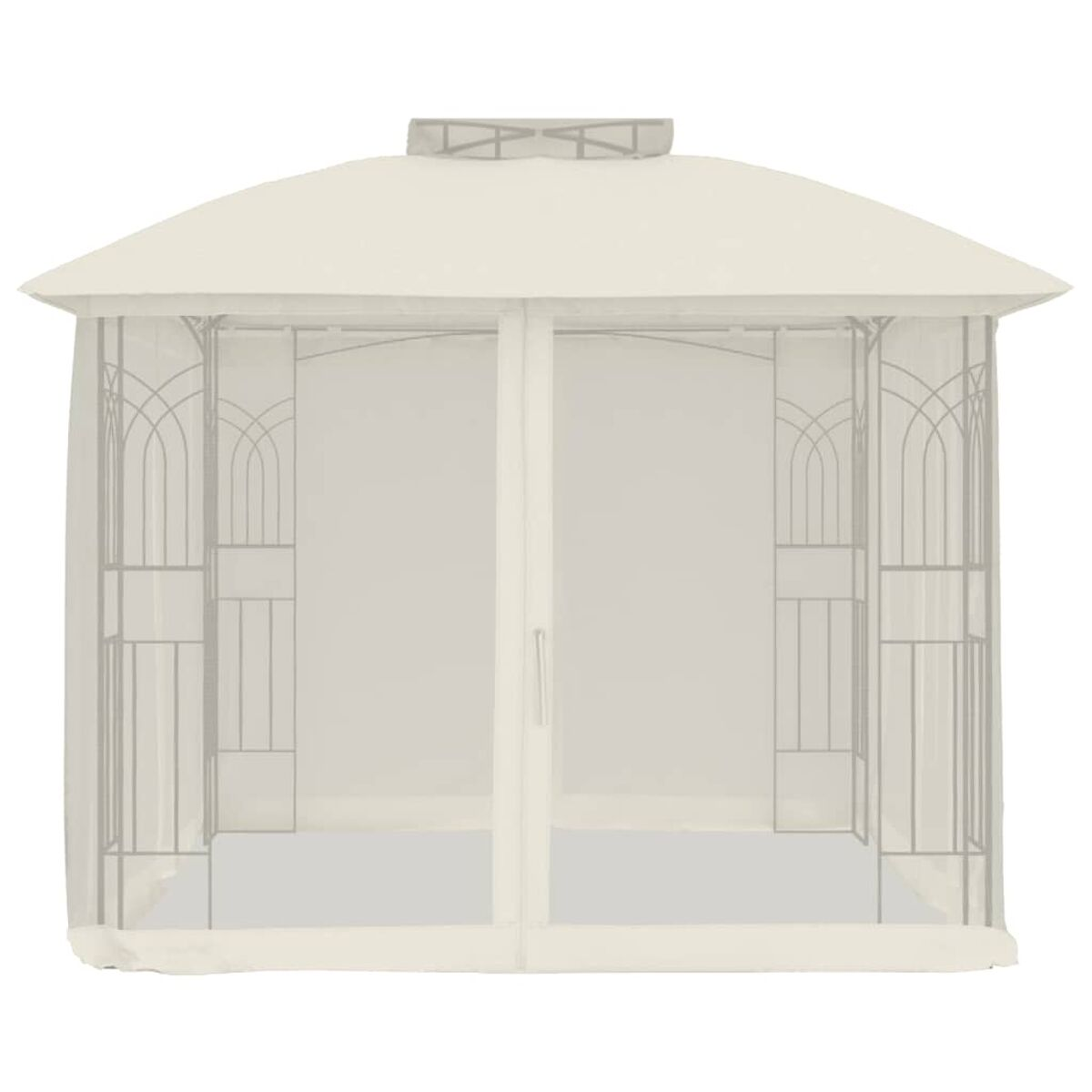 Ein weißer Pavillon mit Gittern und einem hellen Dach. Es ist offen.