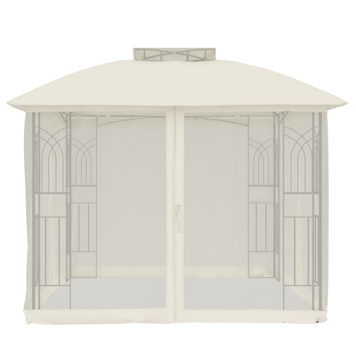 Ein weißer Pavillon mit geschwungenem Dach und Mesh-Paneelen, auf weißem Grund.