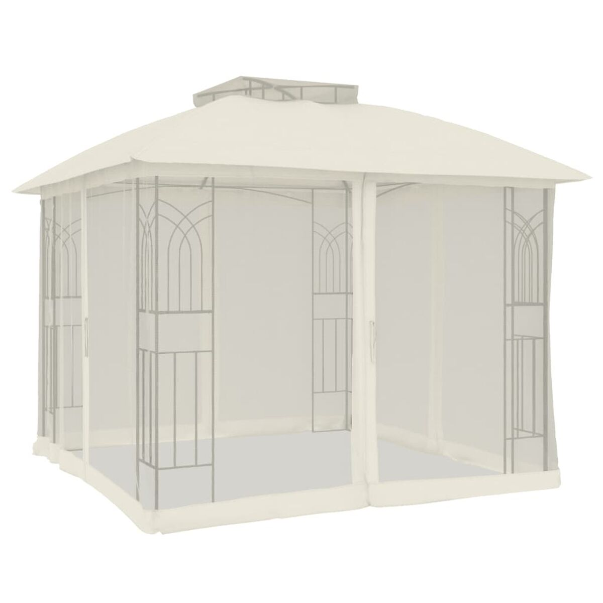Weißer Pavillon mit transparenten Vorhängen, offener Tür und weißem Hintergrund.