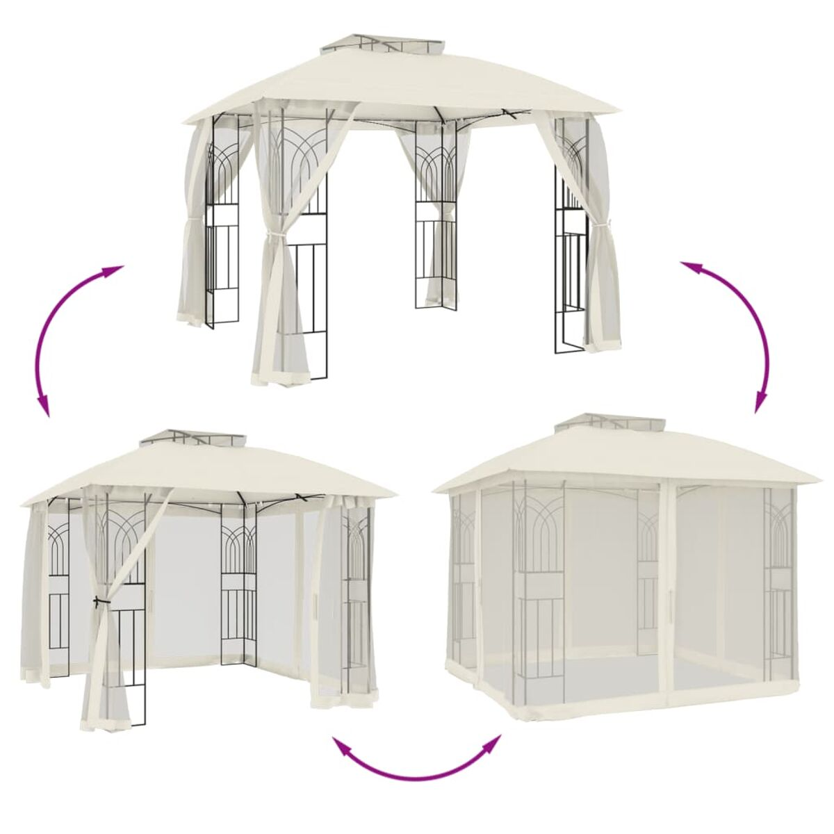 Pavillon. Weißes Dach und Vorhänge, schwarzer Rahmen. Pfeile zeigen Montageschritte. Weißer Hintergrund. Mehrere Stufen.