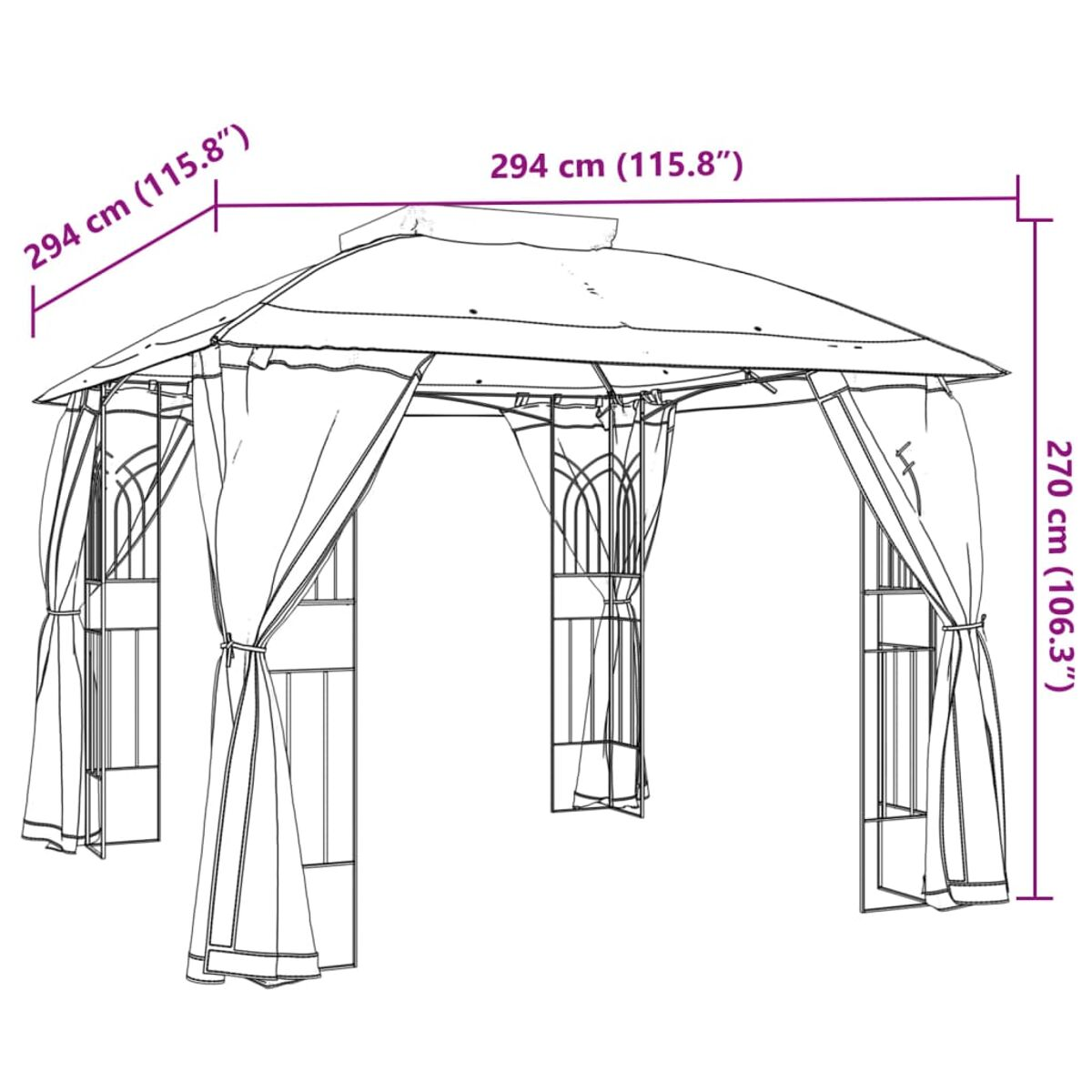Ein großer Pavillon im Freien mit Vorhängen, von der Seite betrachtet, mit Abmessungen versehen.