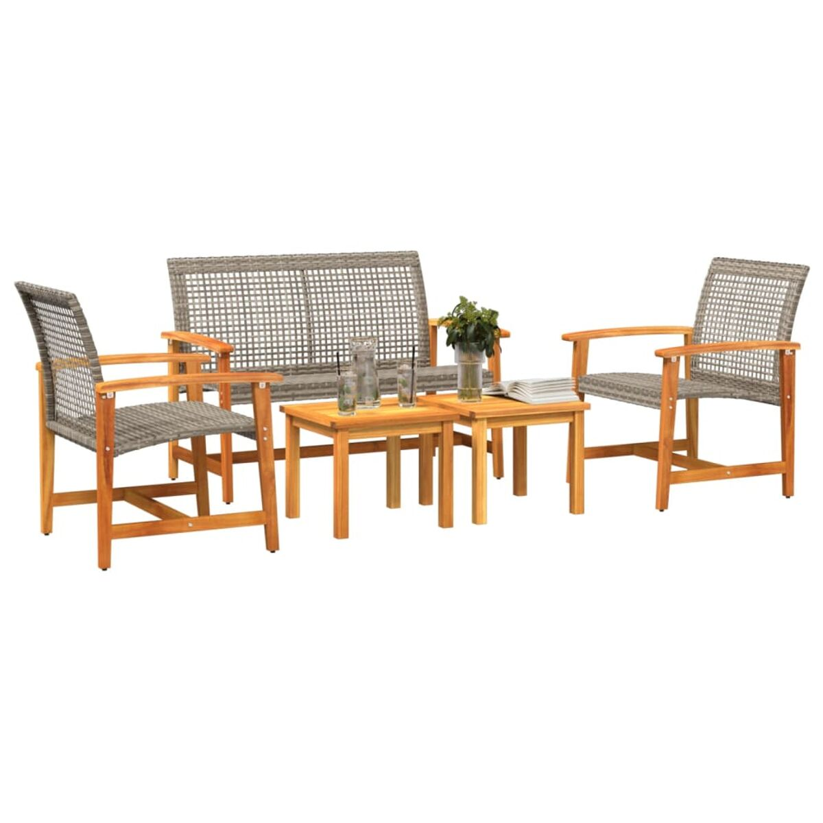 Ein Set aus Holzmöbeln für den Außenbereich, einschließlich Sofa, zwei Sesseln und zwei kleinen Tischen.