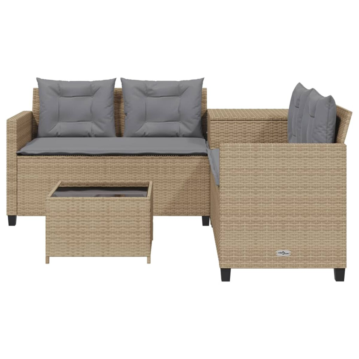 Set divani da esterno con divano, pouf e tavolino. Tutti i pezzi sono intrecciati.