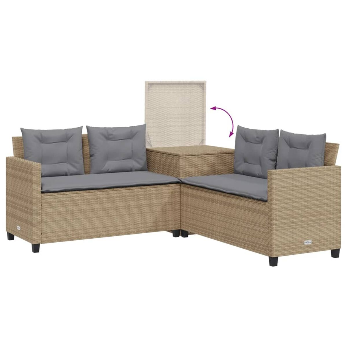 Divano componibile in rattan beige con due cuscini grigi e un coperchio sollevabile.
