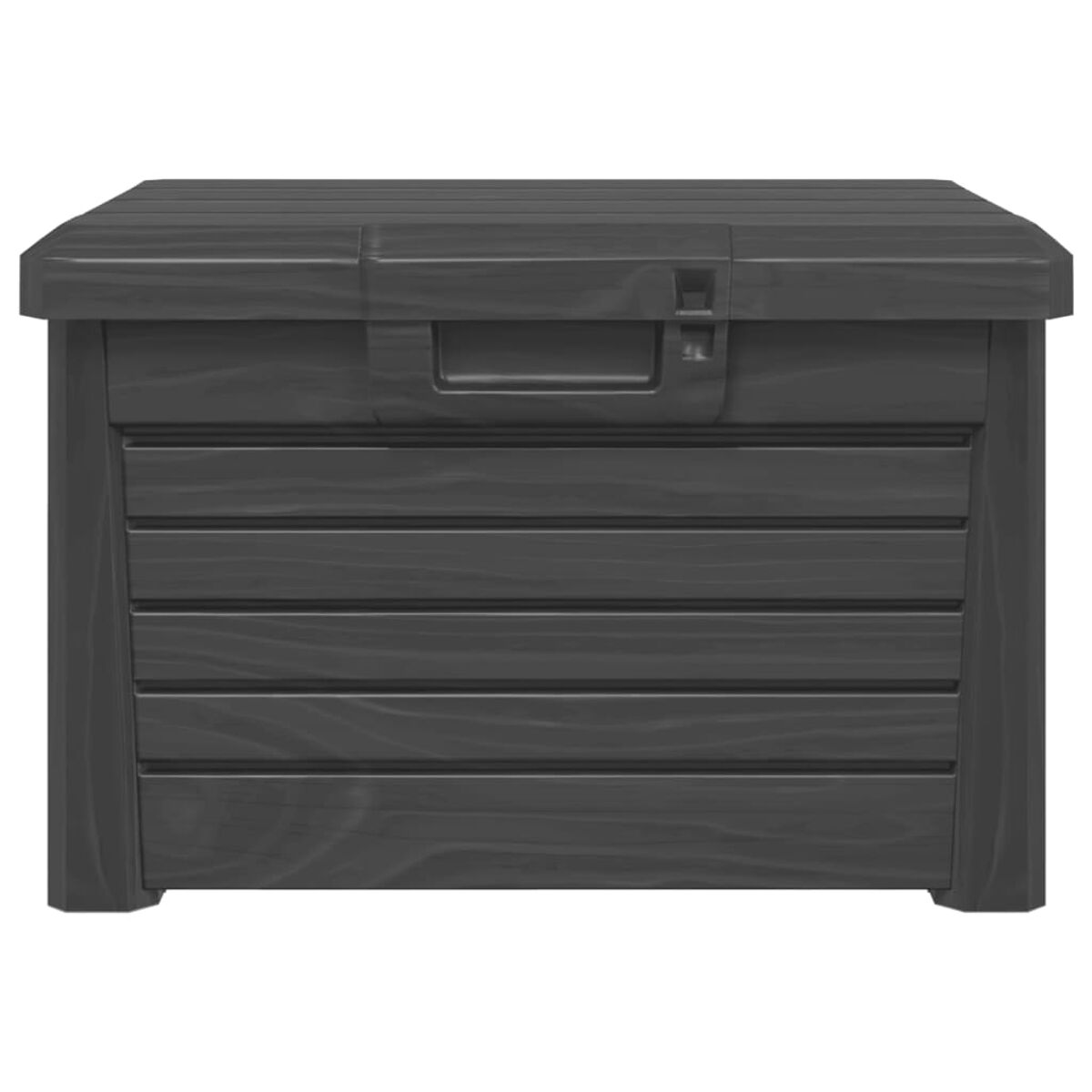 Dunkelgraue Aufbewahrungsbox mit Deckel und Griff. Die Box hat eine Holzmaserung.