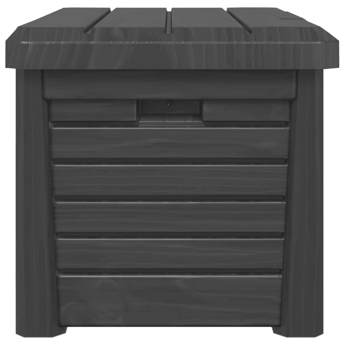 Schwarze Aufbewahrungsbox mit Griff und horizontalen Linien. Weißer Hintergrund.