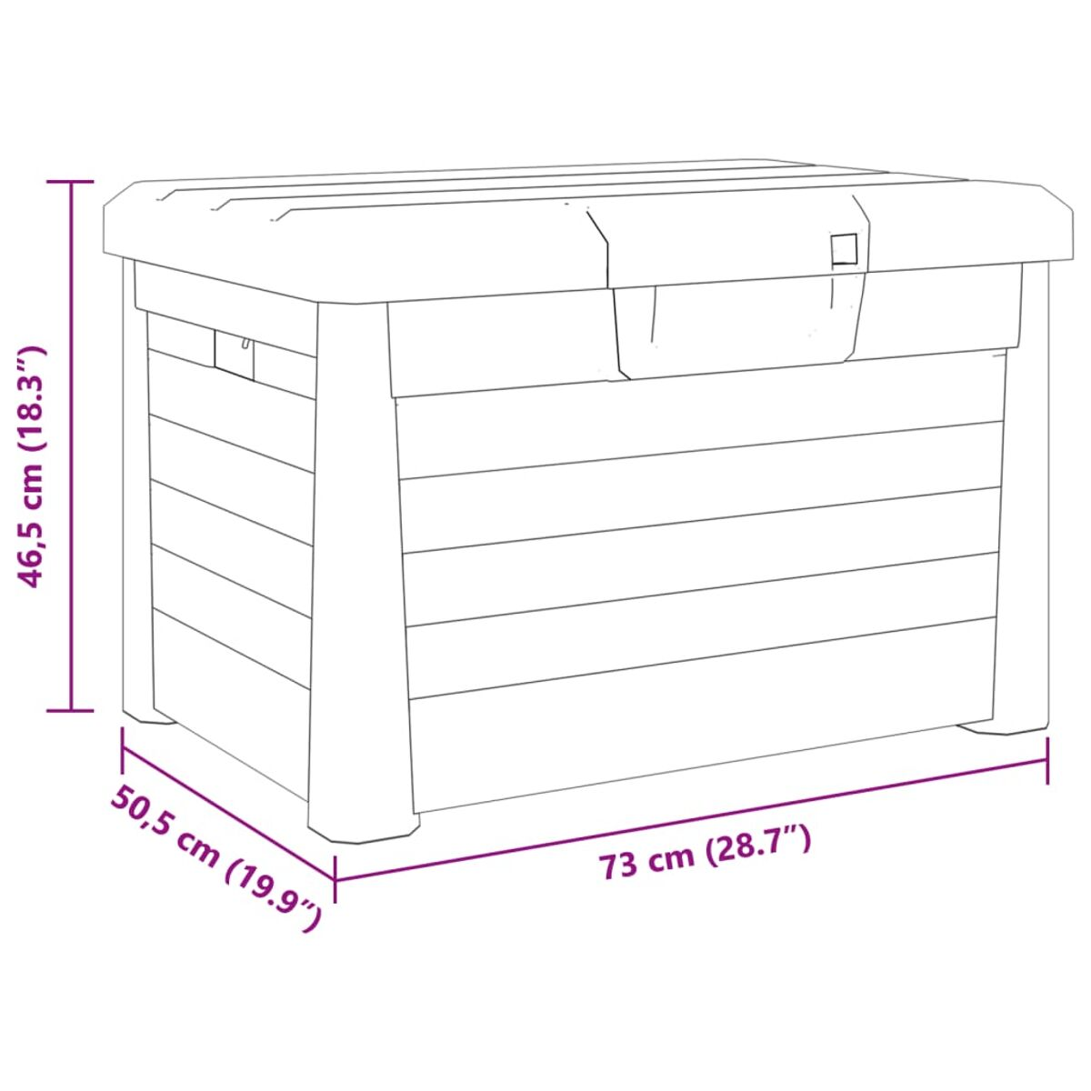 Eine rechteckige Aufbewahrungsbox mit in cm angegebenen Maßen, aus hellgrauem Material.