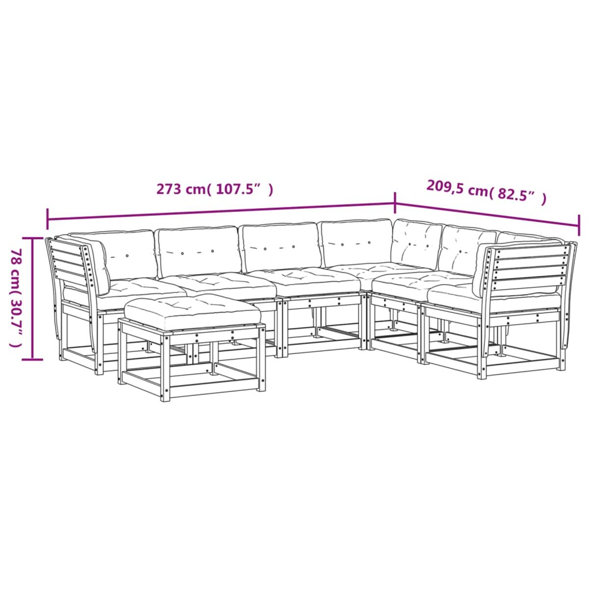 Outdoor-Ecksofa mit Maßangaben auf weißem Hintergrund, Holzkonstruktion.